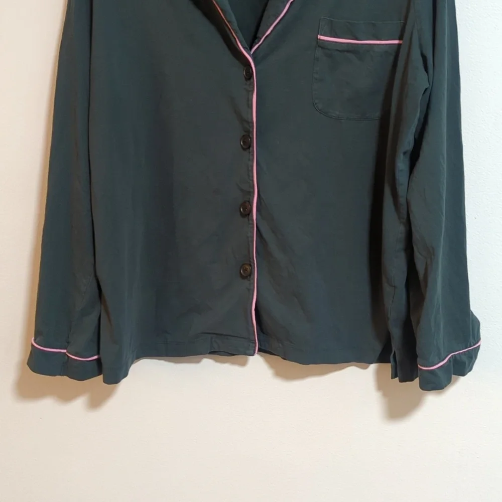 Madewell‎ Dark Green Pink Contrast Button Front Collar Long Sleeve Pajama Top XL